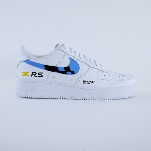 nike air force 1 custom renault sport RS blanche cuir premium avec swoosh bleu damier noir logo mégane RS et clio RS