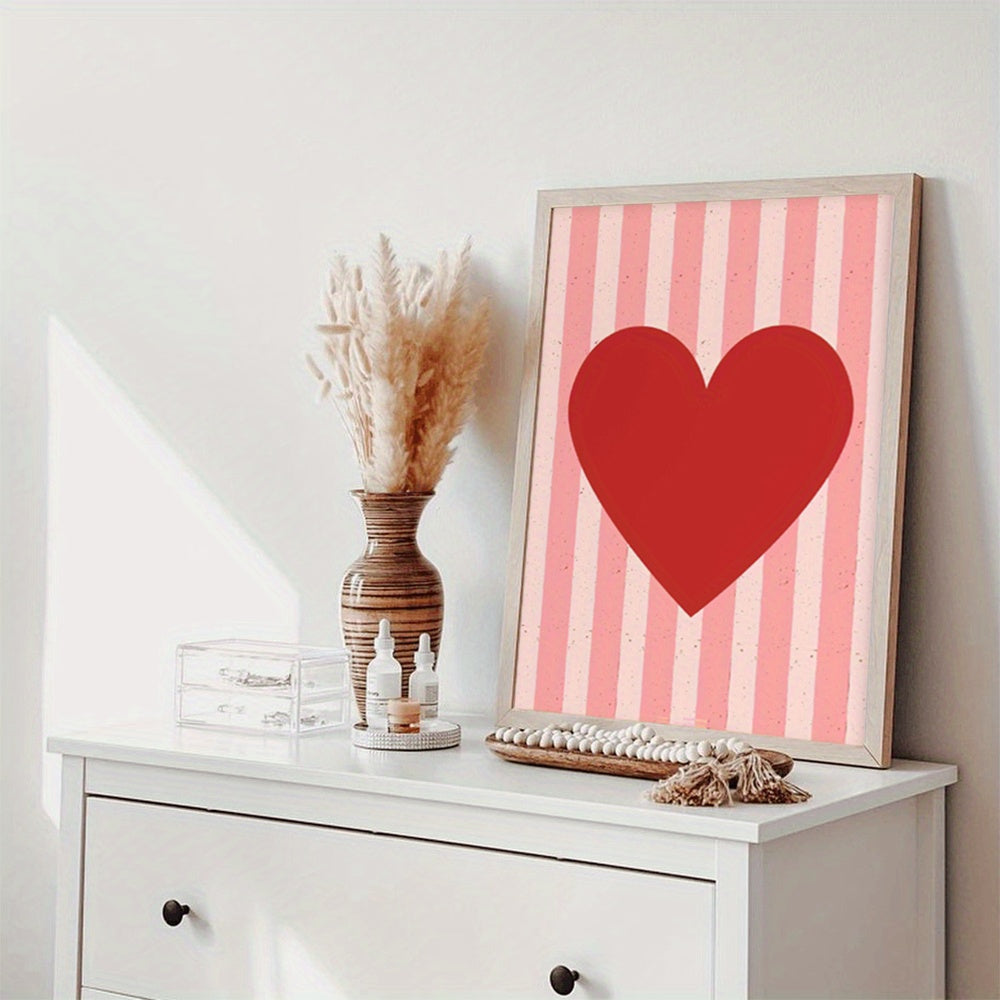 Affiche décorative Red Heart Stripes motif cœur rouge sur rayures roses déco tendance romantique affiche trendy love amour décoration minimaliste moderne