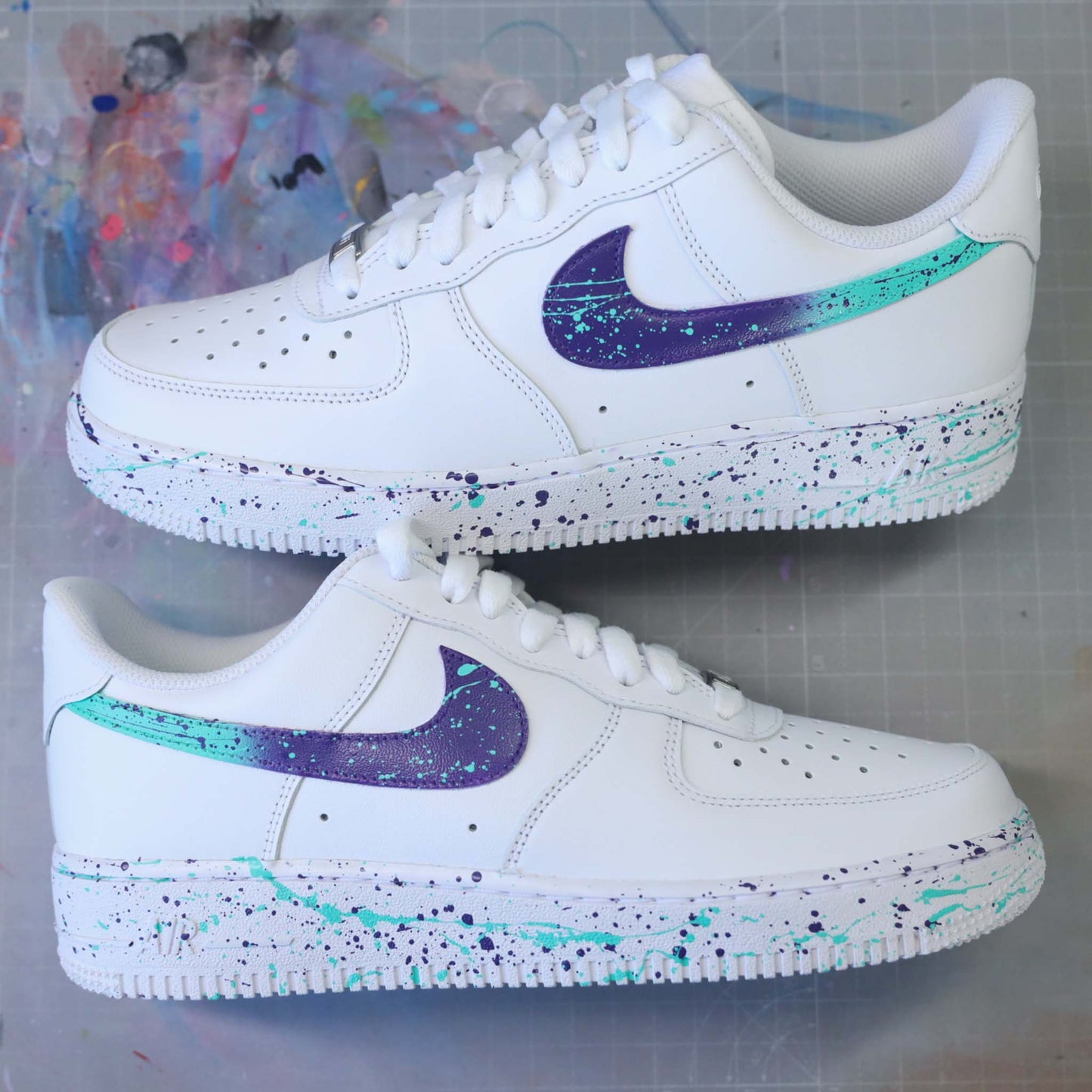 nike air force 1 custom violet émeraude splash de peinture sneakers custom pour homme baskets personnalisées miami vice