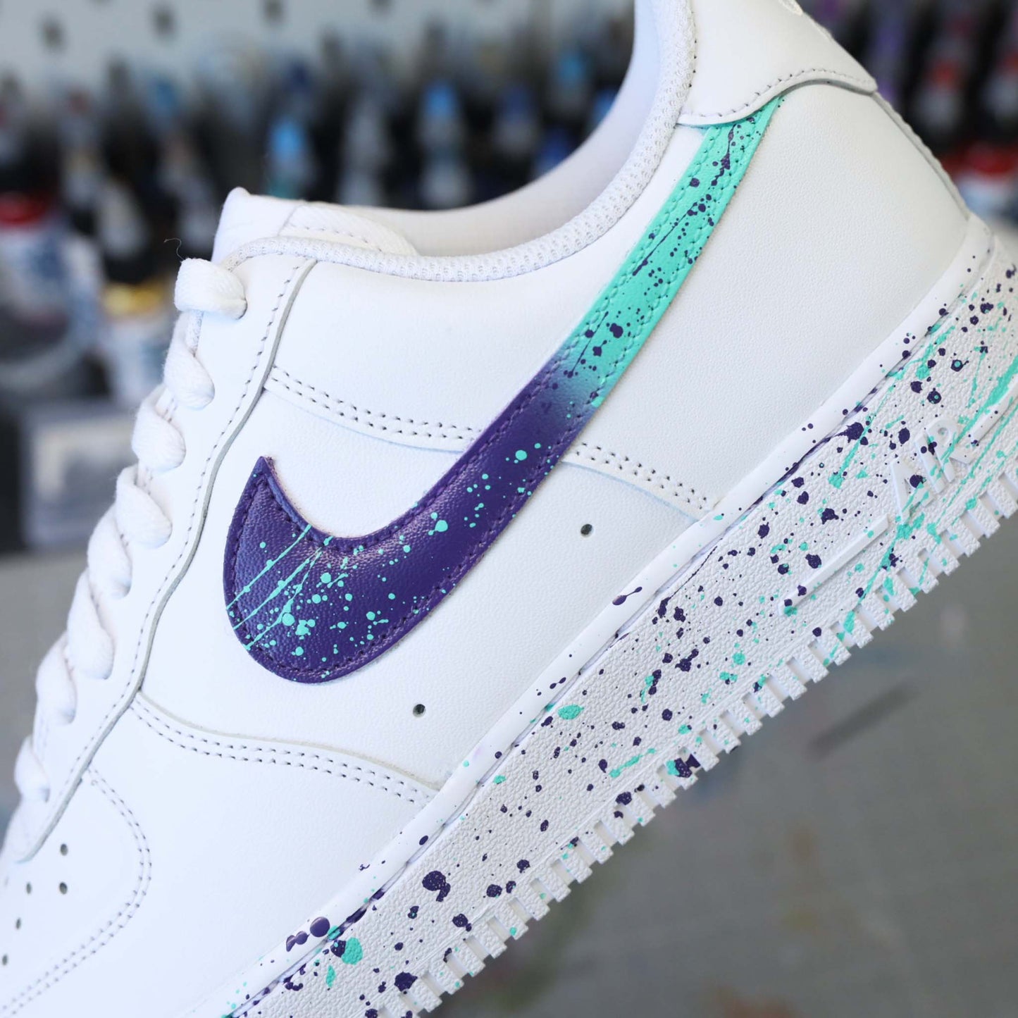 nike air force 1 custom violet émeraude splash de peinture sneakers custom pour homme baskets personnalisées miami vice