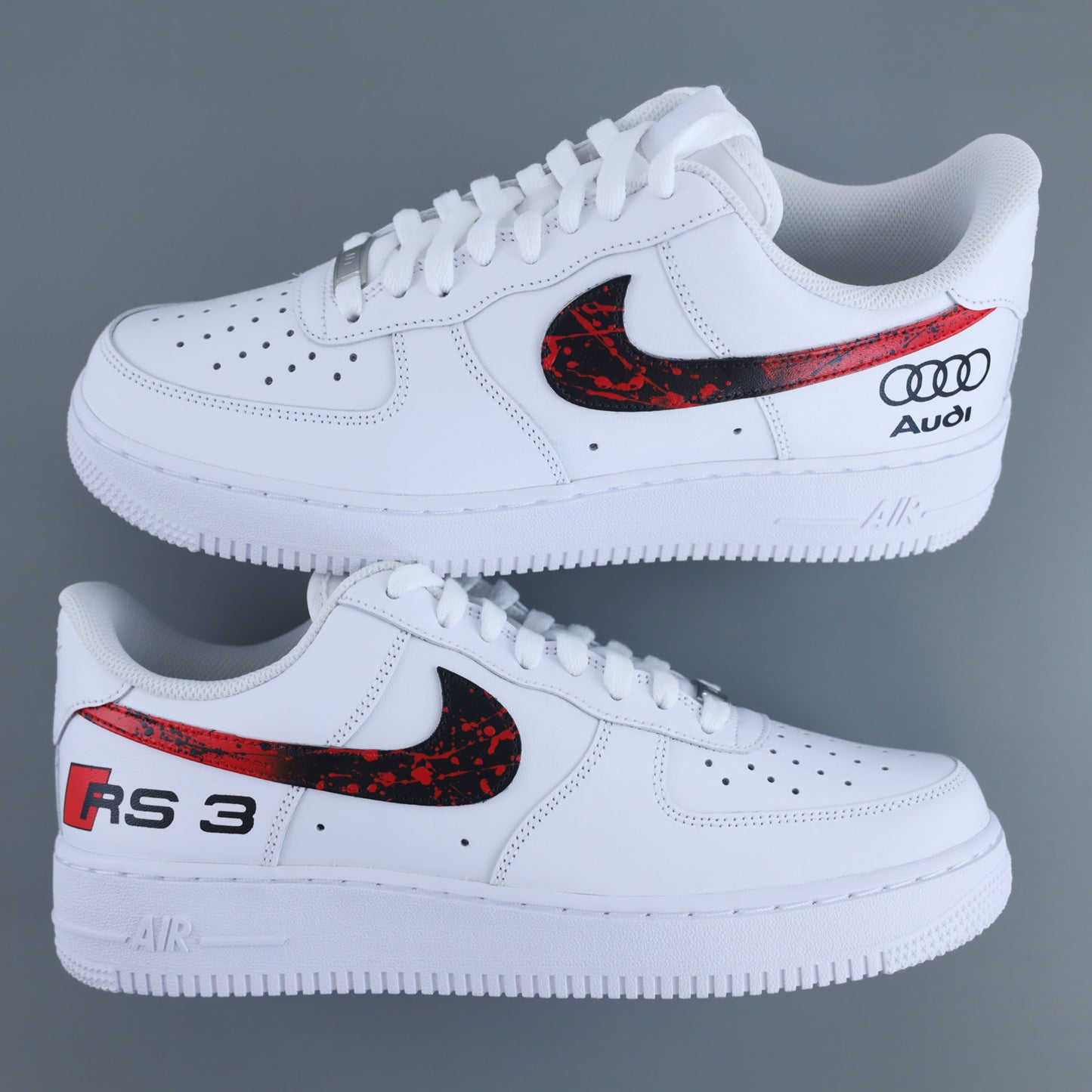 Nike Air Force 1 audi RS, sneaker custom, Air Force 1 blanche personnalisée, Nike AF1 Audi RS3, sneaker Audi Sport, chaussure custom streetwear, basket peinte à la main, sneaker racing, Air Force 1 édition limitée.