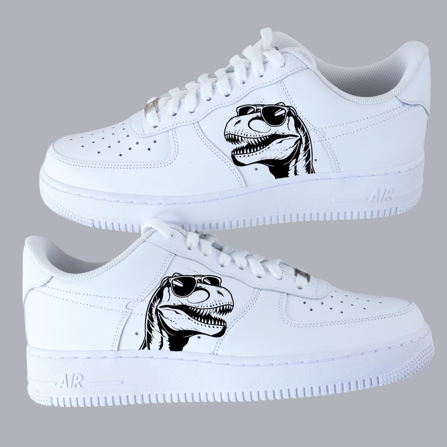 Nike Air Force 1 personnalisée avec dinosaure T-Rex lunettes de soleil – sneaker custom blanche