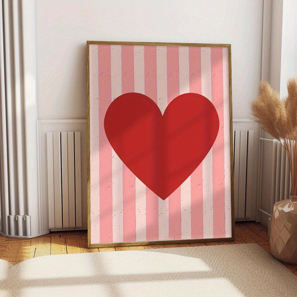 Affiche décorative Red Heart Stripes motif cœur rouge sur rayures roses déco tendance romantique affiche trendy love amour décoration minimaliste moderne
