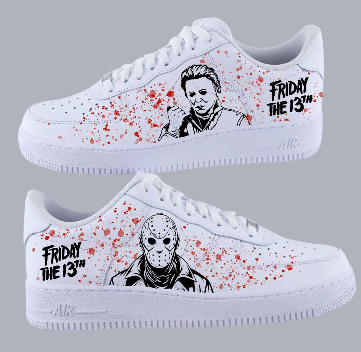 Baskets personnalisées style Air Force 1 avec Michael Myers et Jason Voorhees, éclaboussures rouges sang et logo Friday the 13th – design horreur