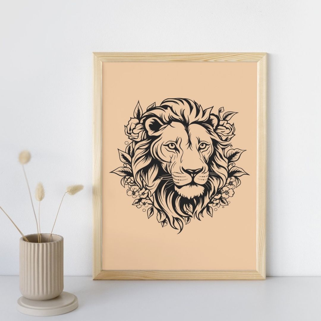 Poster décoratif tête de lion noir sur fond pastel A3