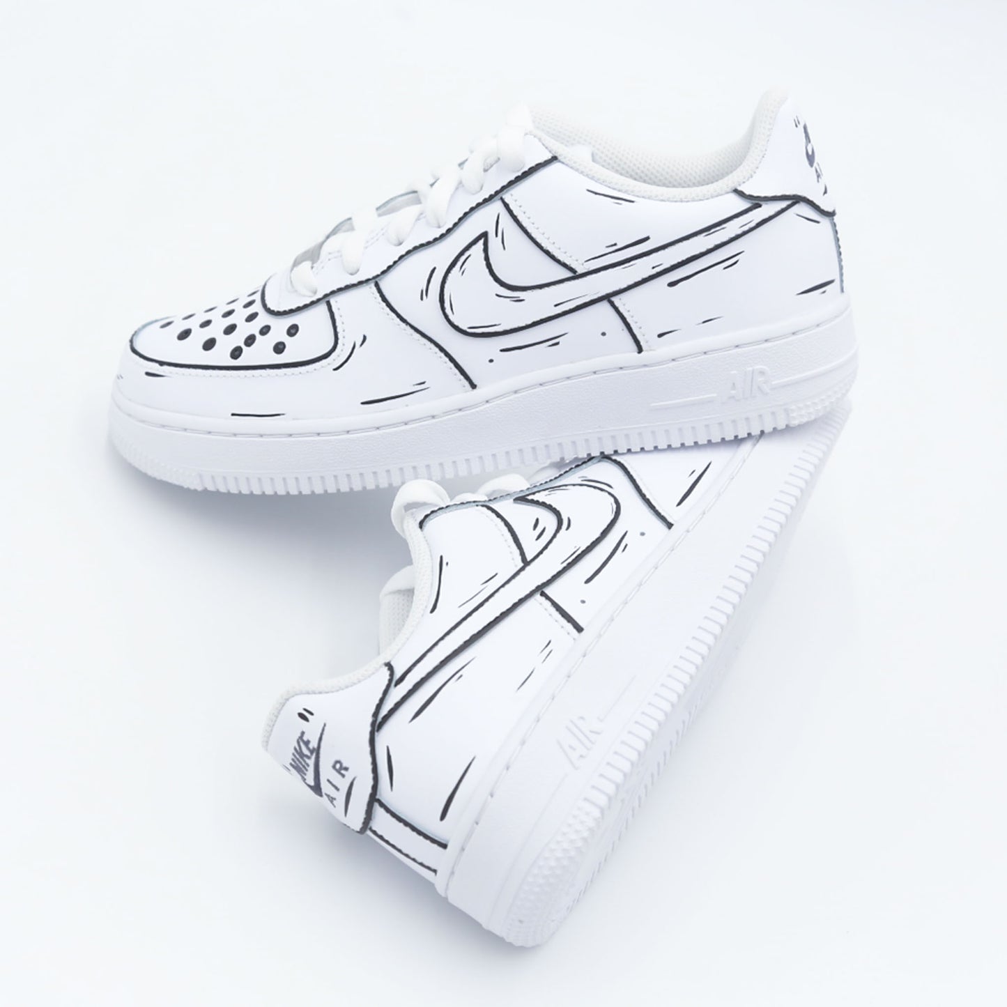 nike air force 1 custom cartoon noir et blanc effet sketch 3D sneaker dessin animé streetwear artistique peint à la main
