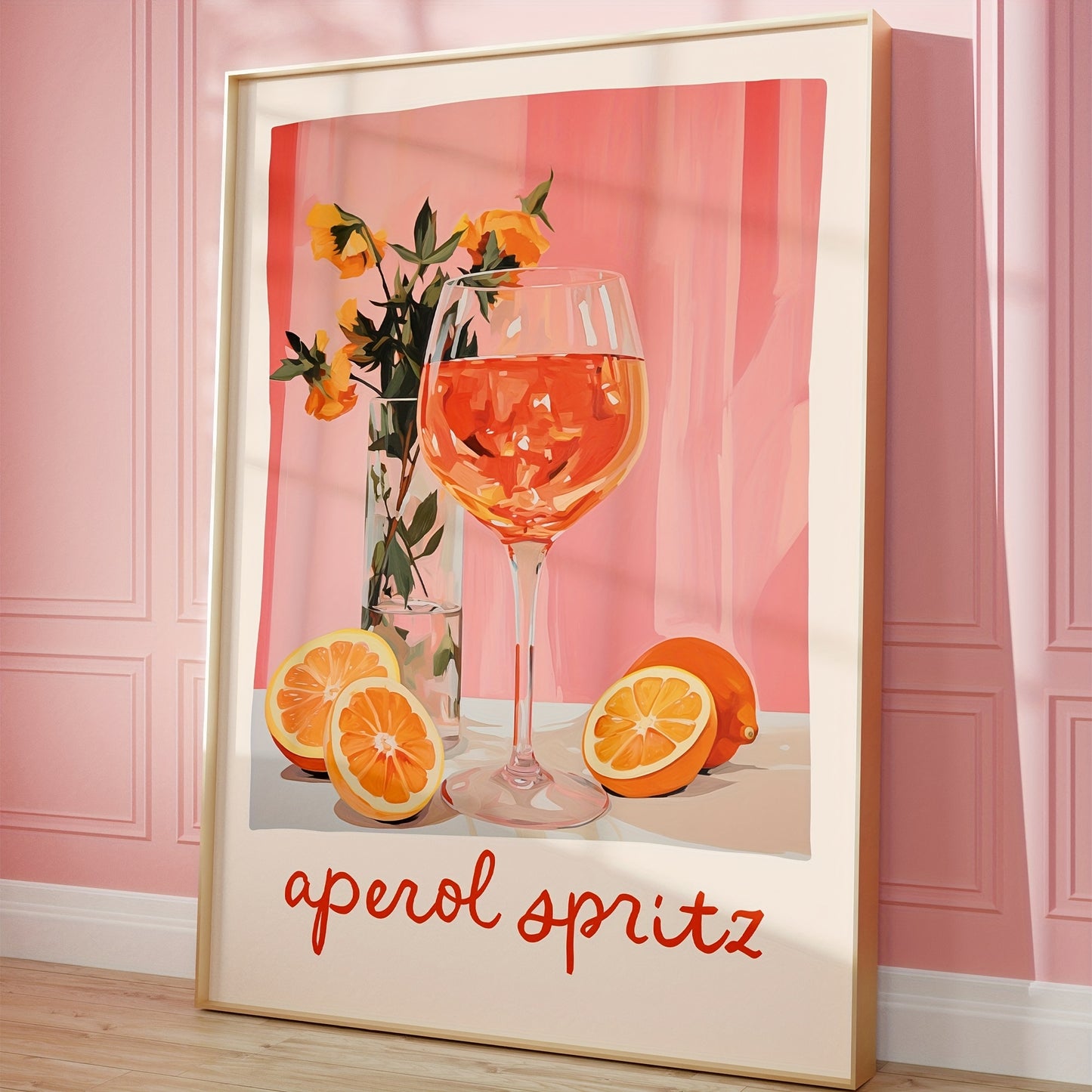 Affiche décorative Aperol Spritz avec cocktail et oranges, style vintage et coloré, idéale pour la déco cuisine, bar ou salon.
