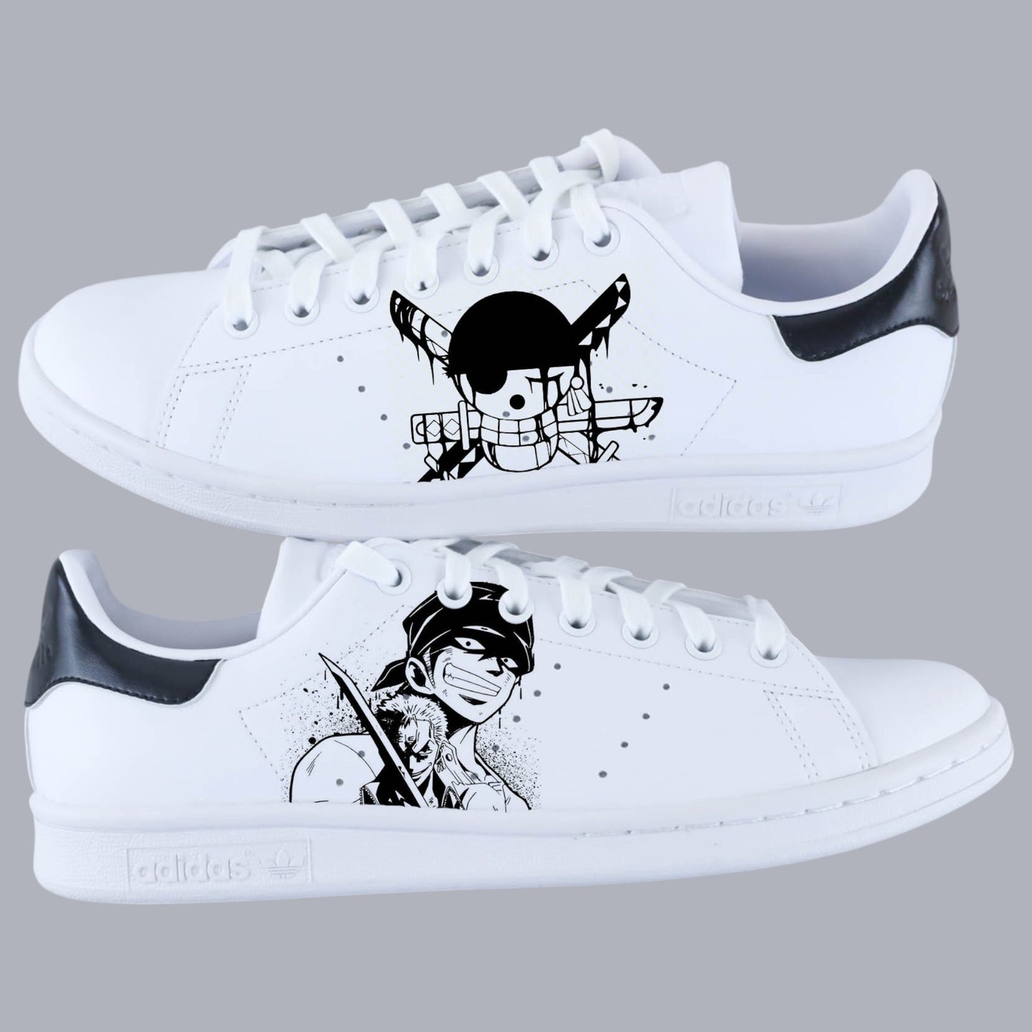 stan smith custom roronoa zoro baskets custom one piece, sneakers personnalisées manga, nike manga, chaussures zoro luffy