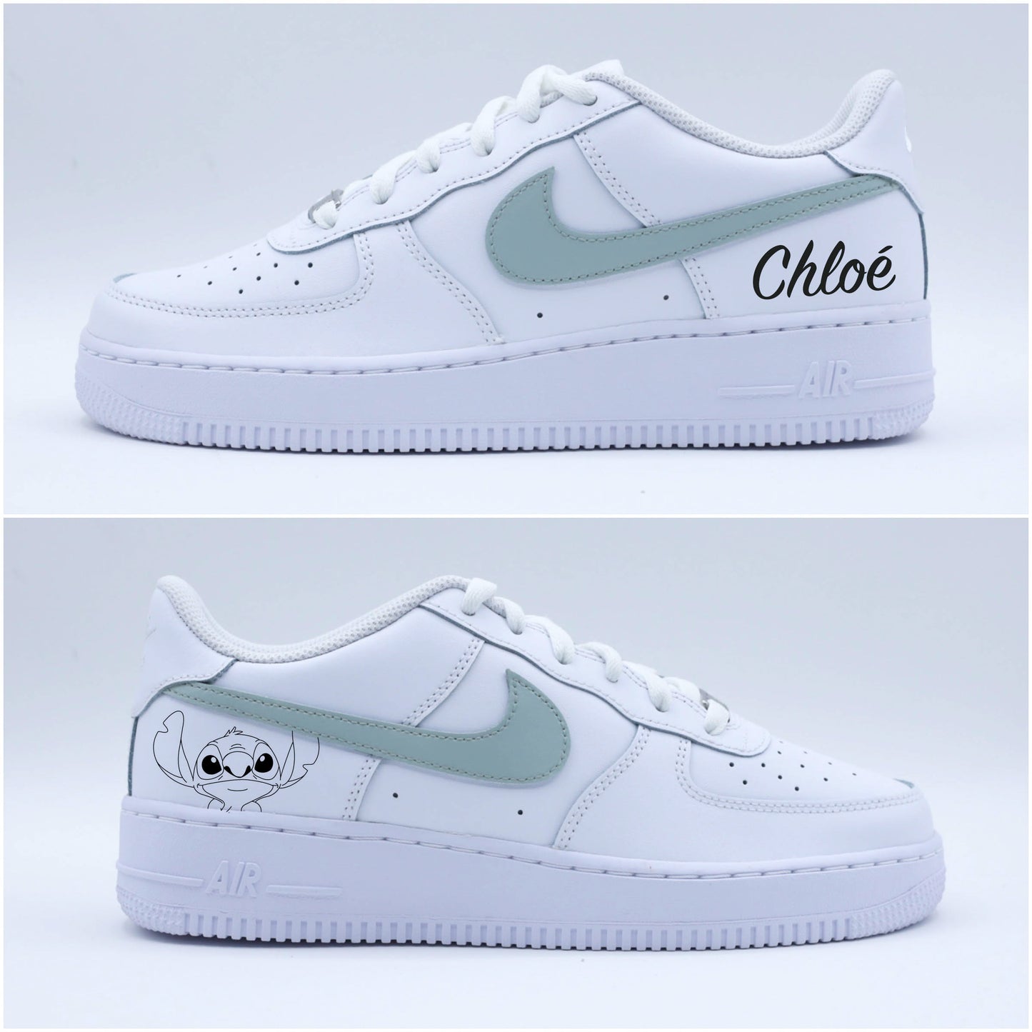nike air force 1 stitch, baskets personnalisées thème disney pour fille, air force one custom lilo & stitch vert sauge, nike sage green, sneakers custom tendance 2025