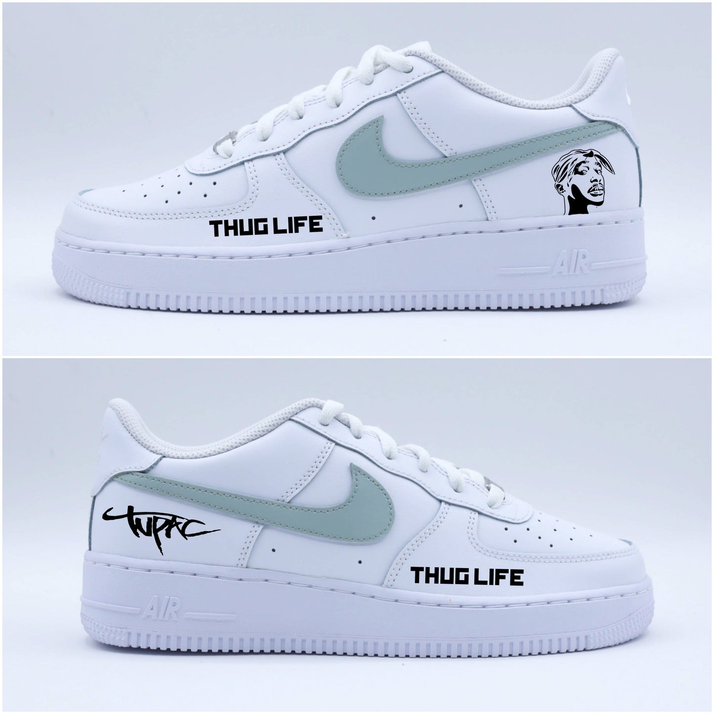 air force 1 custom 2pac, sneakers custom tupac thug life, baskets personnalisées shakur notorious big, af1 personnalisables pour homme rap west coast