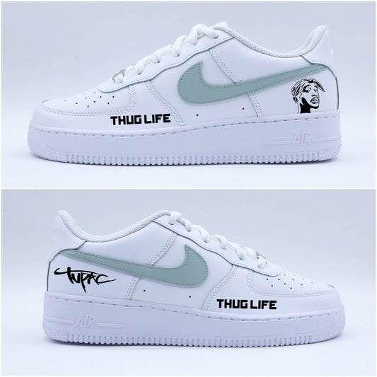 air force 1 custom 2pac, sneakers custom tupac thug life, baskets personnalisées shakur notorious big, af1 personnalisables pour homme rap west coast