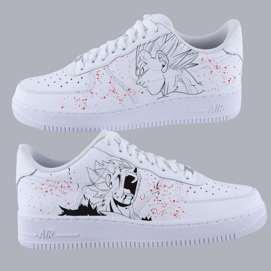 Air Force 1 custom Vegeta avec design manga Dragon Ball Z et éclaboussures rouges – sneakers personnalisées pour homme