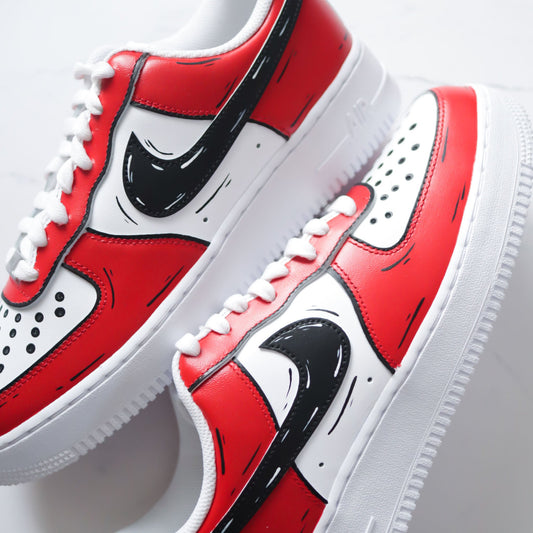 Air Force 1 custom "Cartoon Red" avec effet dessin animé rouge, noir et blanc – design original signé Kings Custom
