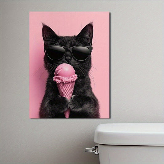 Affiche murale chat noir portant des lunettes de soleil et tenant une glace rose, décoration murale moderne et décalée.