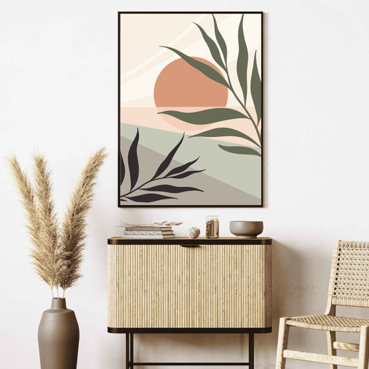 Affiche déco intérieure boho chic abstraite avec soleil et plantes