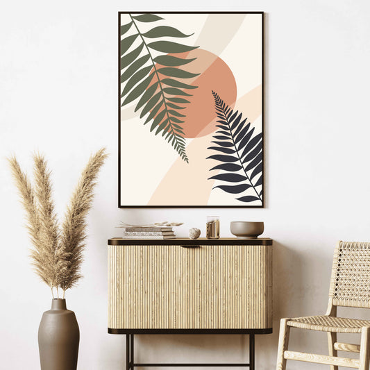 Poster décoration murale boho avec feuillages et cercle abstrait
