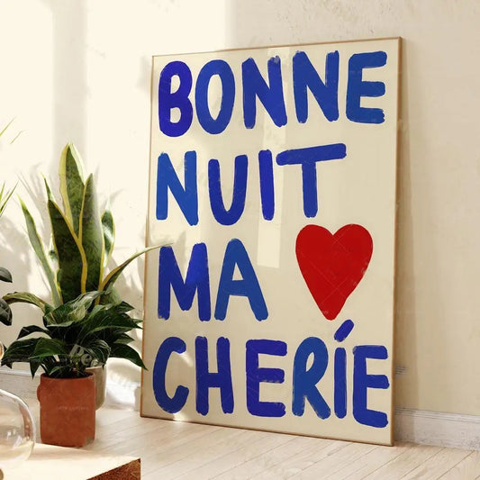 Affiche typographique Bonne Nuit Ma Chérie avec lettres bleues et cœur rouge, décoration murale romantique et moderne.