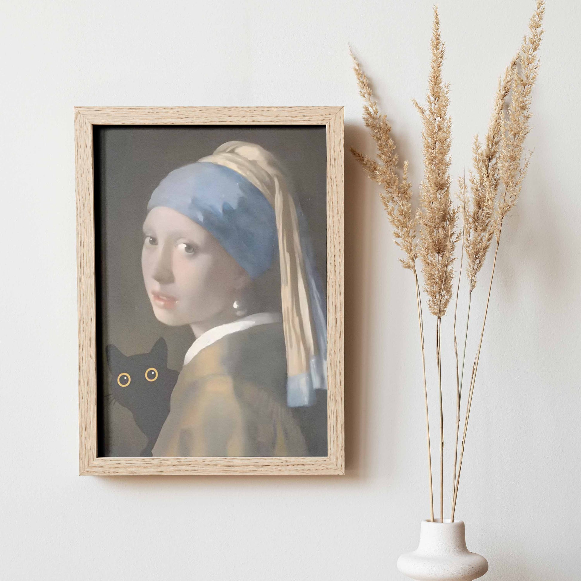 Affiche murale style moderne La Jeune Fille à la perle avec chat noir – Poster déco A3 30x40cm