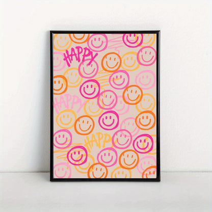 Affiche murale Smiley Happy colorée au style pop art avec smileys orange et rose pour décoration intérieure moderne et joyeuse.