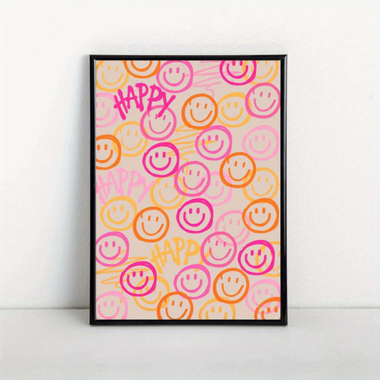 Affiche murale Smiley Happy colorée au style pop art avec smileys orange et rose pour décoration intérieure moderne et joyeuse.