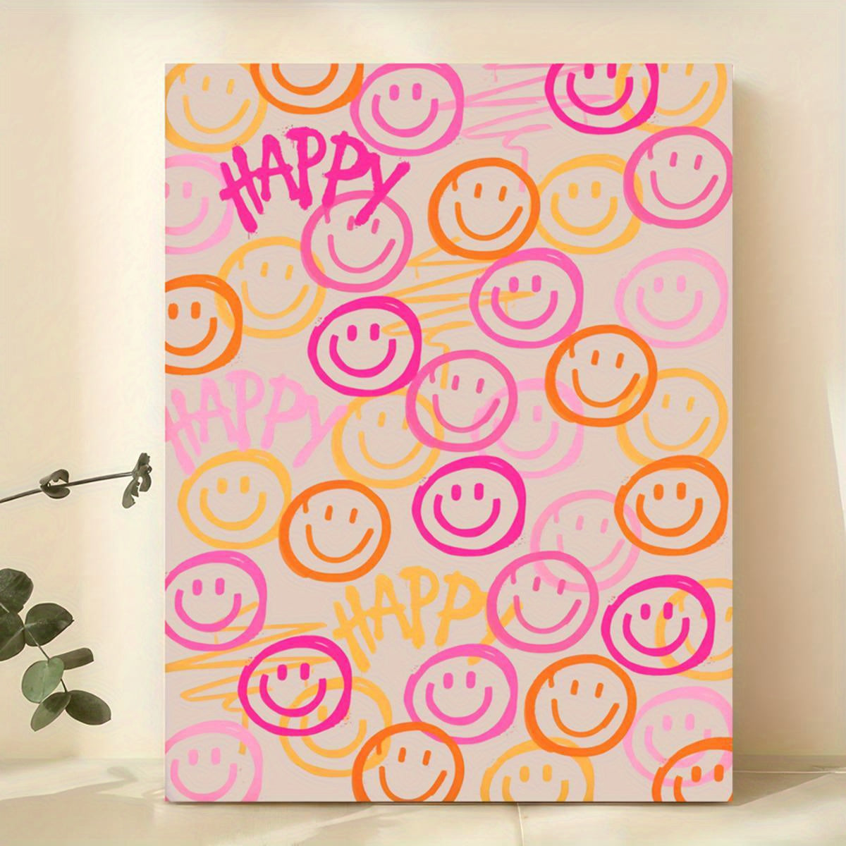 Affiche murale Smiley Happy colorée au style pop art avec smileys orange et rose pour décoration intérieure moderne et joyeuse.