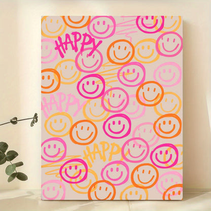 Affiche murale Smiley Happy colorée au style pop art avec smileys orange et rose pour décoration intérieure moderne et joyeuse.