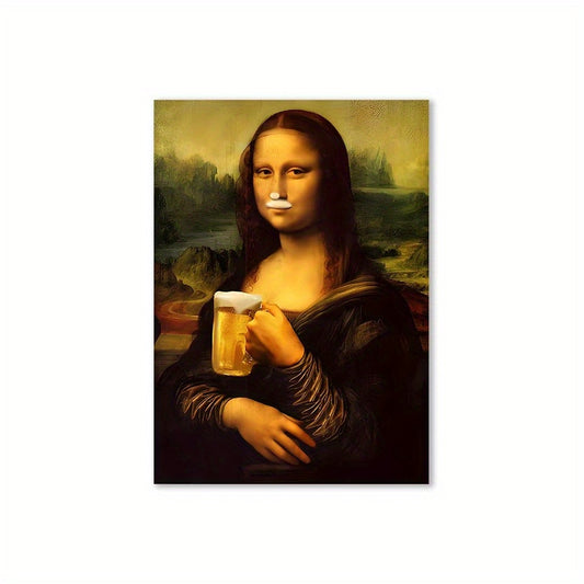 Affiche humoristique Mona Lisa tenant une chope de bière avec moustache de mousse, poster déco décalé et original.