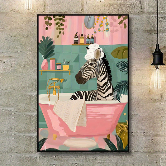 Affiche originale d’un zèbre dans une baignoire rose, poster déco tropicale, fun et colorée pour intérieur moderne et tendance.