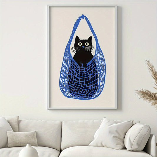 Affiche originale d’un chat noir assis dans un filet bleu, poster déco minimaliste et moderne pour intérieur tendance.