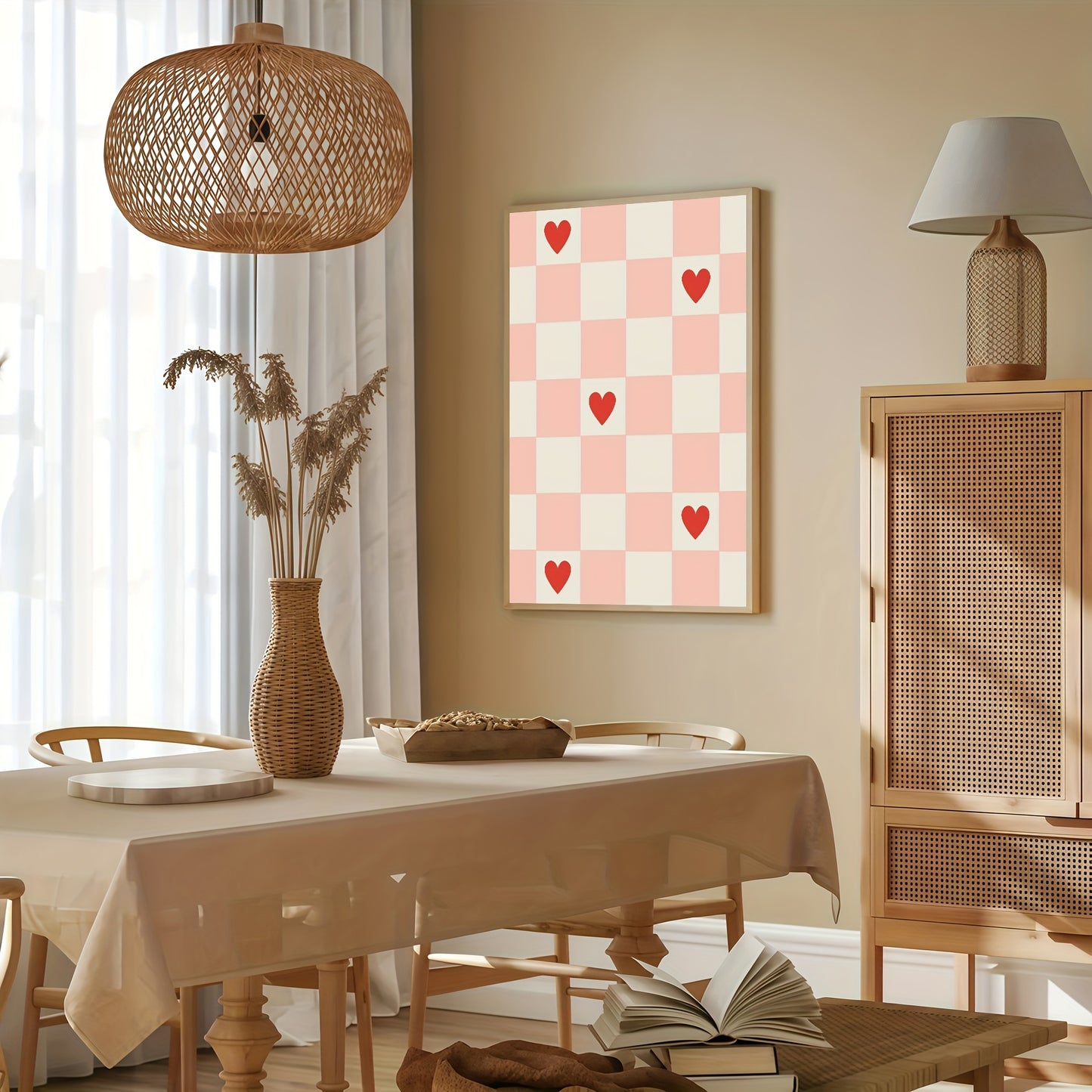 Affiche murale design damier rose et blanc avec cœurs rouges décoration tendance minimaliste cadre bohème romantique