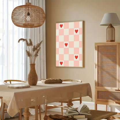 Affiche murale design damier rose et blanc avec cœurs rouges décoration tendance minimaliste cadre bohème romantique
