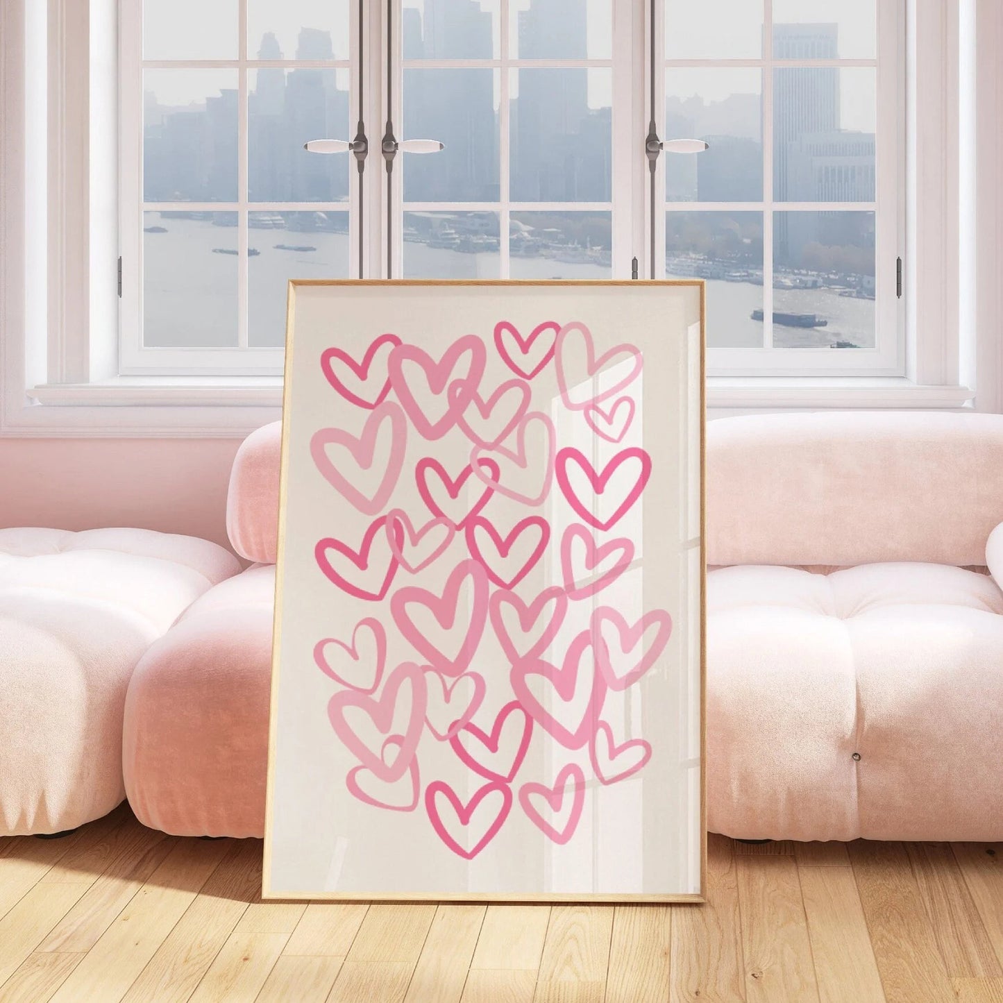 Affiche murale avec cœurs roses dessinés à la main sur fond blanc, décoration romantique et moderne pour intérieur chaleureux.