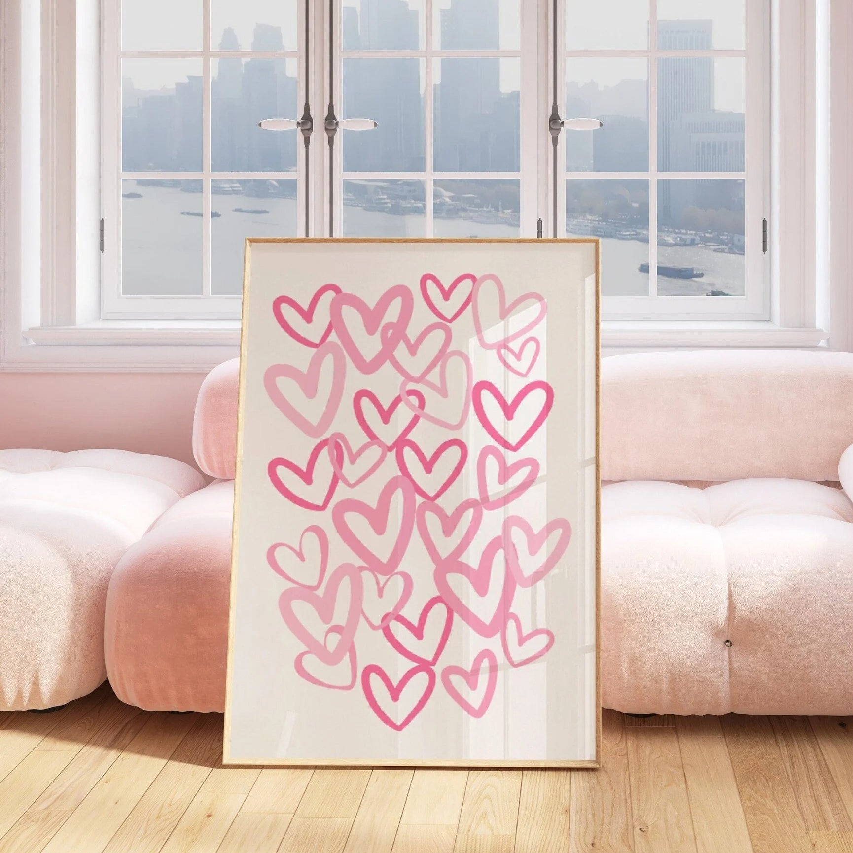 Affiche murale avec cœurs roses dessinés à la main sur fond blanc, décoration romantique et moderne pour intérieur chaleureux.