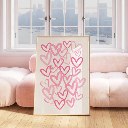Affiche murale avec cœurs roses dessinés à la main sur fond blanc, décoration romantique et moderne pour intérieur chaleureux.
