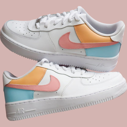 nike air force 1 custom pastel blocks baskets personnalisées pour femme rose orange et turquoise af1 personnalisable