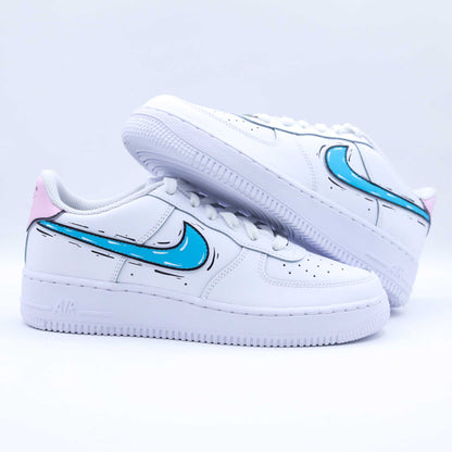 nike air force 1 custom turquoise et rose effet sketch cartoon sneakers custom af1 personnalisée unisexe