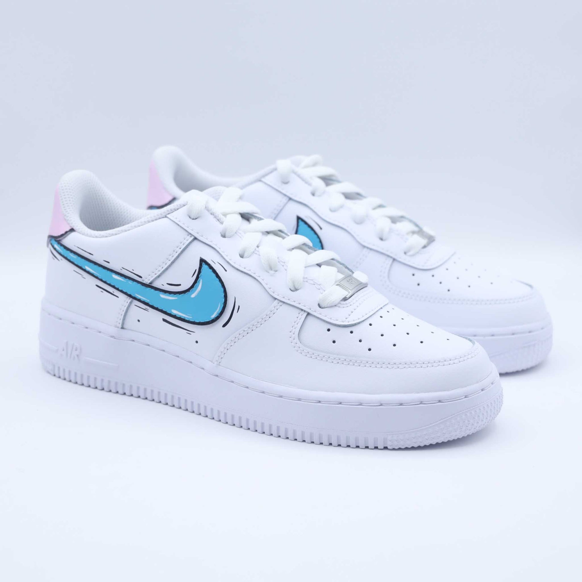 nike air force 1 custom turquoise et rose effet sketch cartoon sneakers custom af1 personnalisée unisexe