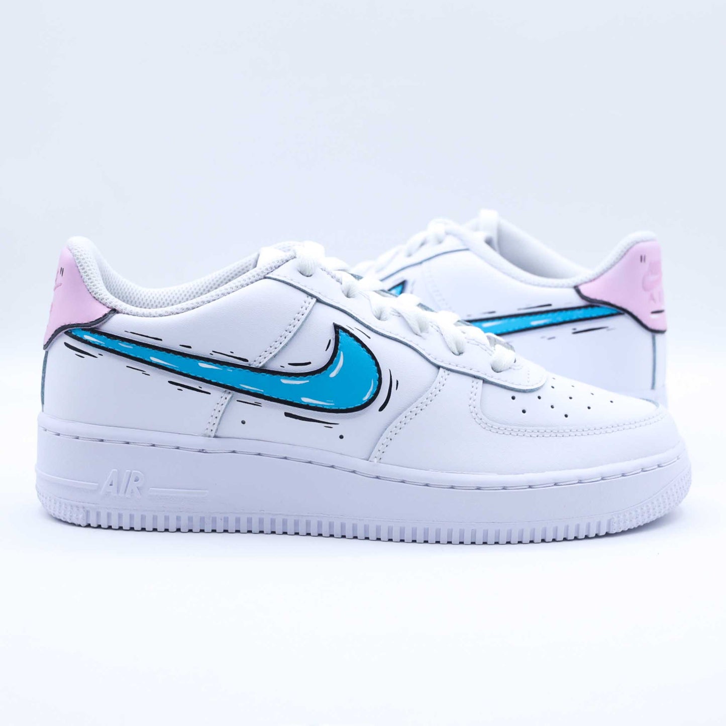 nike air force 1 custom turquoise et rose effet sketch cartoon sneakers custom af1 personnalisée unisexe