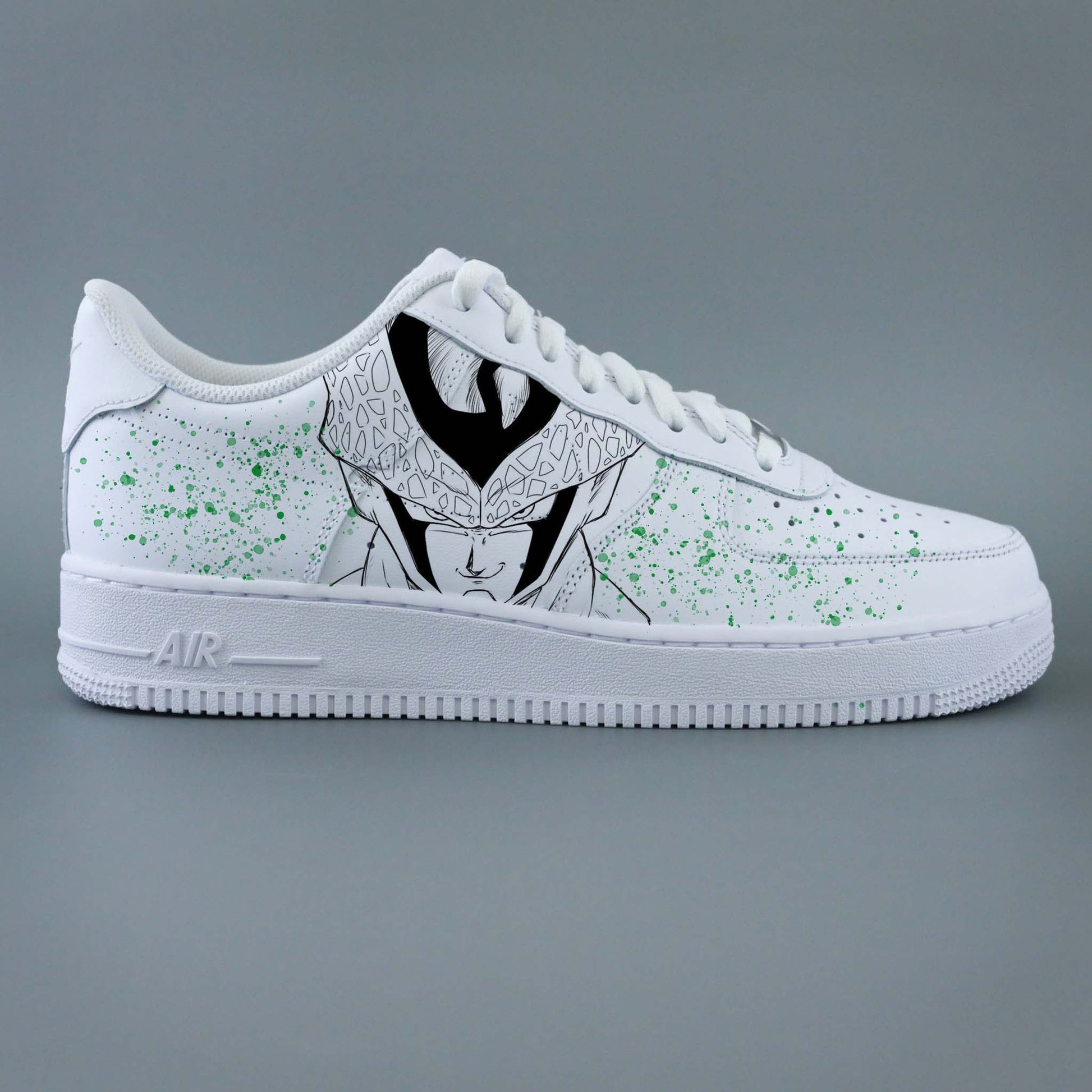 Air Force 1 custom avec illustration de Cell Forme Parfaite de Dragon Ball Z et éclaboussures vertes