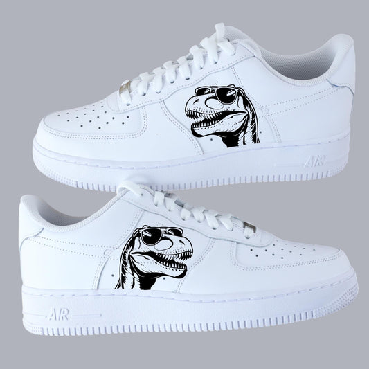 Nike Air Force 1 personnalisée avec dinosaure T-Rex lunettes de soleil – sneaker custom blanche