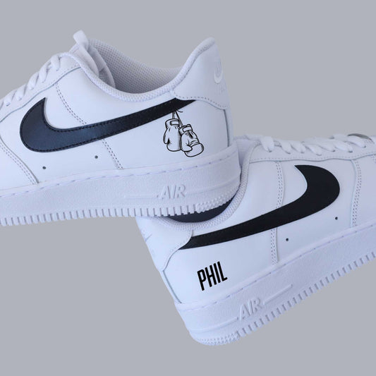 Air Force 1 custom boxe anglaise – baskets personnalisées avec dessin de gants de boxe et prénom personnalisable