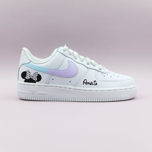 Baskets Nike Air Force 1 custom Minnie Mouse pour fille, dégradé pastel et prénom personnalisé