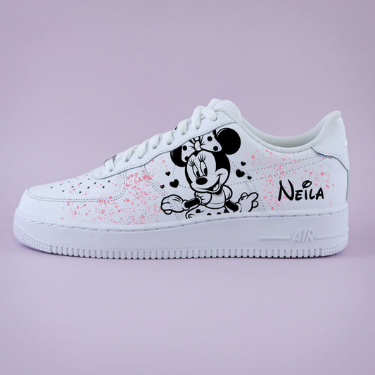 Air Force 1 custom Minnie Mouse avec peinture rose et prénom personnalisé, pour enfant ou femme