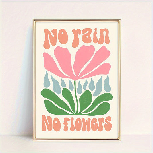 Affiche décorative No Rain No Flowers au style bohème chic et floral, avec couleurs pastel et design minimaliste tendance.