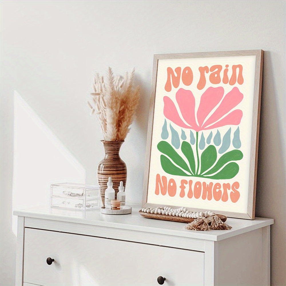 Affiche décorative No Rain No Flowers au style bohème chic et floral, avec couleurs pastel et design minimaliste tendance.
