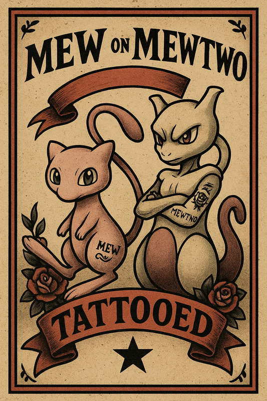 Affiche Pokémon vintage Mew et Mewtwo Tattooed style tatouage old-school, art numérique à télécharger instantanément