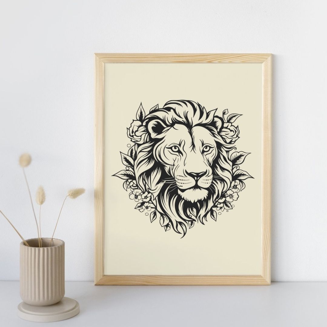 Poster déco murale lion graphique fond vert rose lilas beige