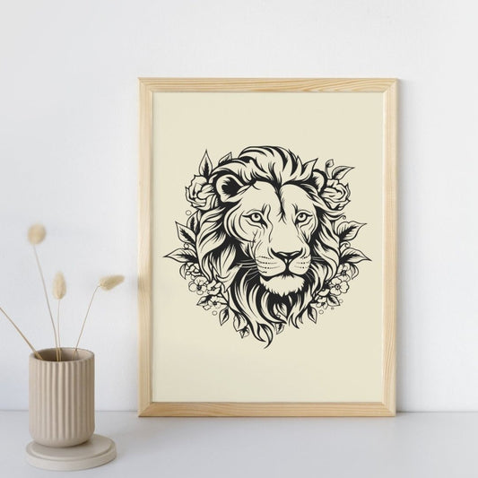 Poster déco murale lion graphique fond vert rose lilas beige