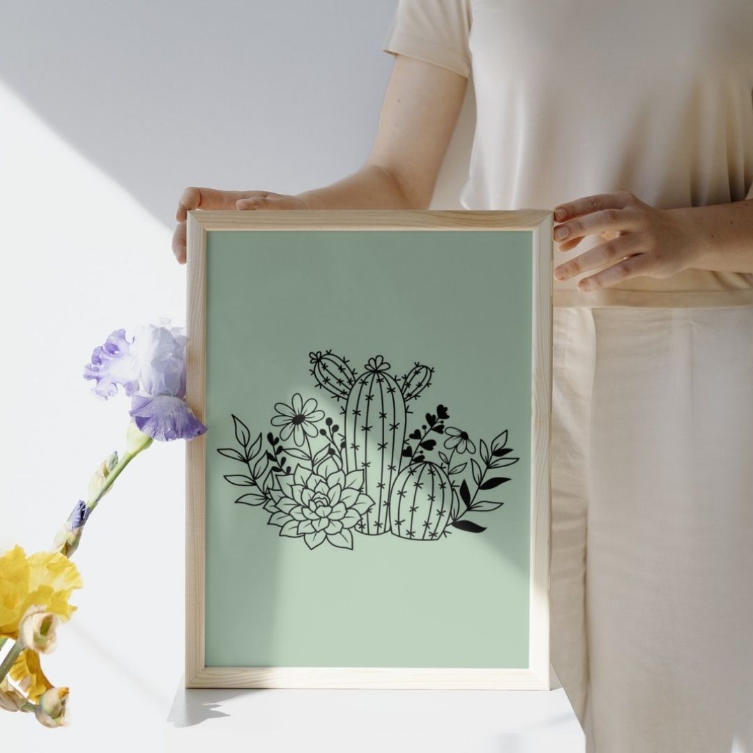 Affiche déco murale cactus et fleurs pastel vert sauge