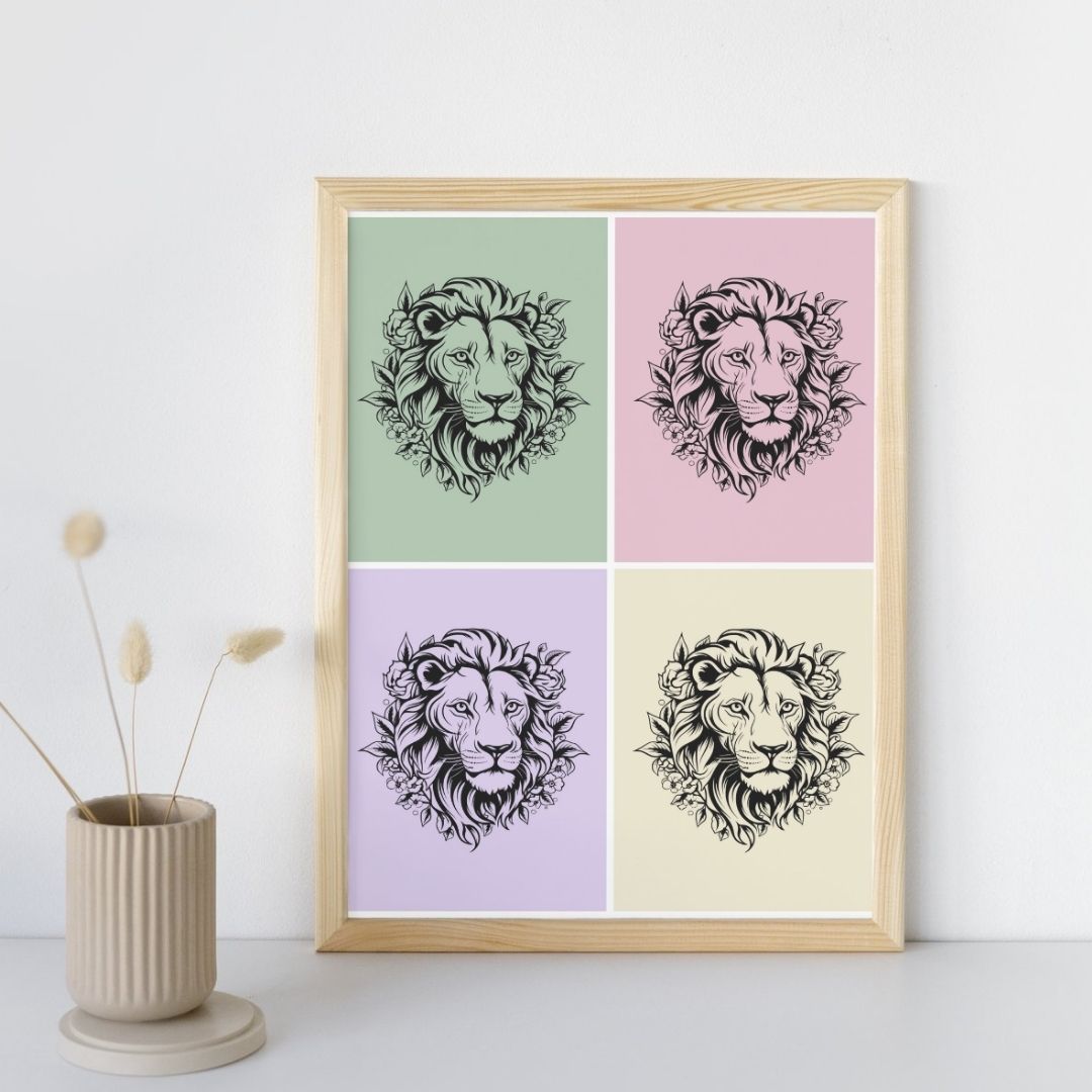 Affiche déco murale tête de lion style pop art graphique moderne pastel